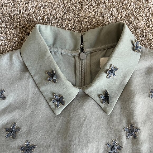 Reiss Dress Sage Green Collar Blue Floral Appliques Tulle Zip Short Sleeve Sz 4 - Picture 4 of 6
